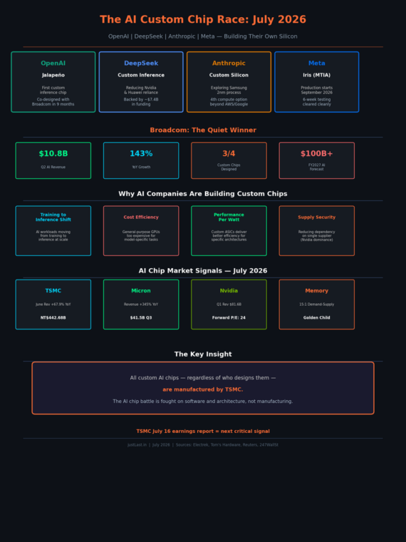 AI custom chip race infographic: OpenAI Jalapeño, DeepSeek, Anthropic, and Meta Iris chips with Broadcom as the quiet winner