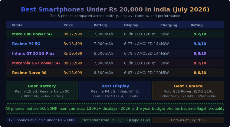Read more about the article Best Smartphones Under Rs 20,000 in India (July 2026): Top 5 Budget 5G Phones Compared