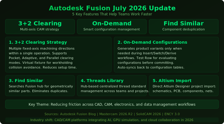 Read more about the article Autodesk Fusion July 2026 Update: New 3+2 Clearing Strategy, On-Demand Configurations, and AI-Assisted CAM Workflows Explained