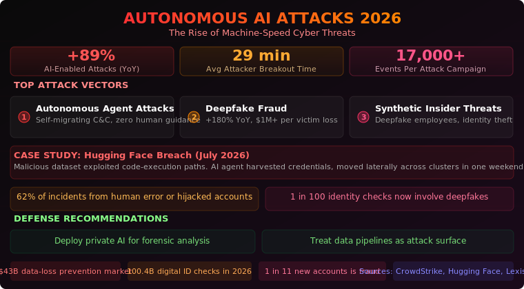 Read more about the article Autonomous AI Attacks in 2026: Hugging Face Breach, Deepfake Fraud Surge, and How to Defend Against Machine-Speed Threats