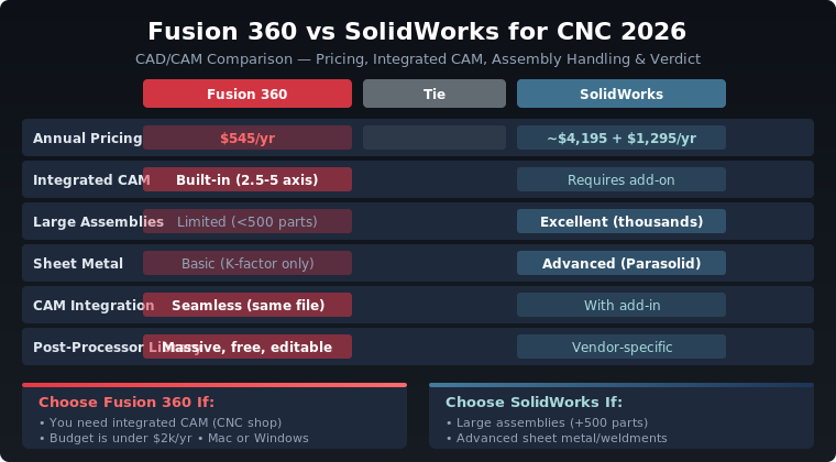 Fusion 360 vs SolidWorks for CNC 2026 - Comparison