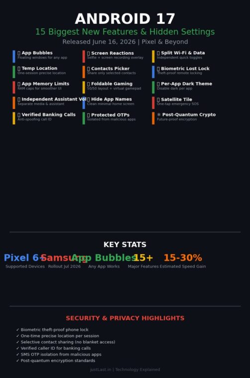 Android 17 features infographic showing 15 new features including App Bubbles, Screen Reactions, privacy controls and security upgrades