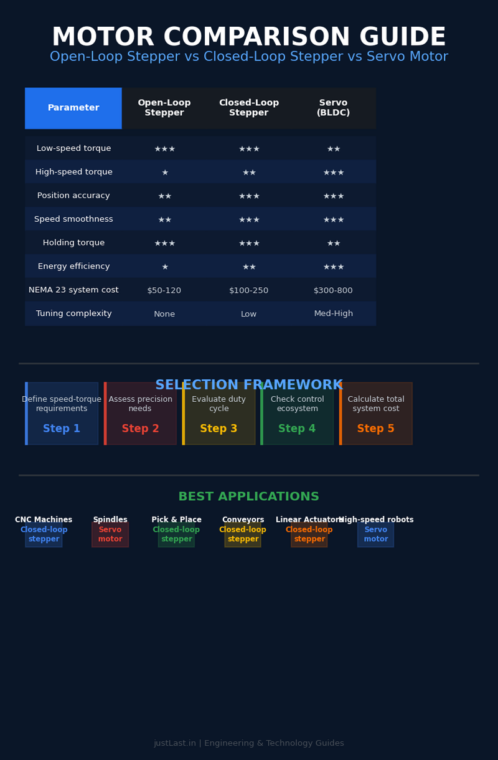 Stepper motor vs servo motor comparison infographic showing torque curves, cost comparison table, and selection framework for engineers