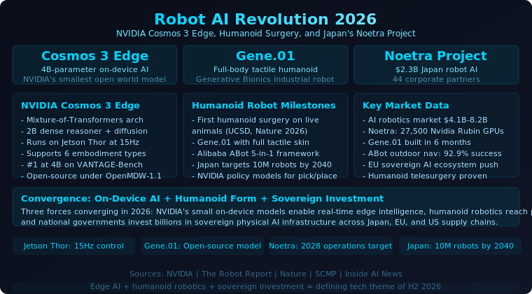 Read more about the article NVIDIA Cosmos 3 Edge and the Robot AI Revolution 2026: On-Device World Models, Humanoid Surgery, and Japan’s $2.3 Billion Noetra Project